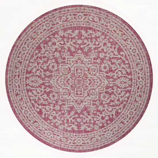 5' Fuchsia And Light Gray Round Medallion Indoor Outdoor Area Rug Photo 1