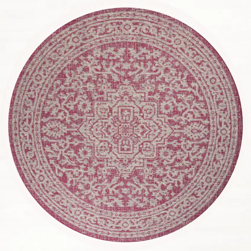 5' Fuchsia And Light Gray Round Medallion Indoor Outdoor Area Rug Photo 1