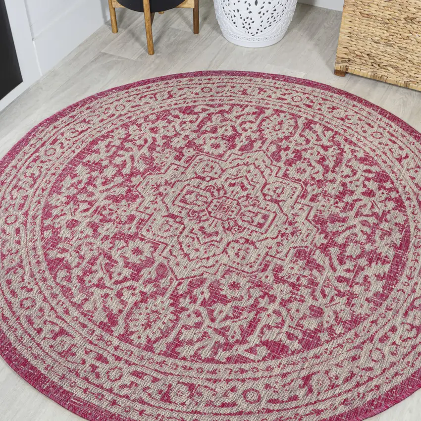 5' Fuchsia And Light Gray Round Medallion Indoor Outdoor Area Rug Photo 4