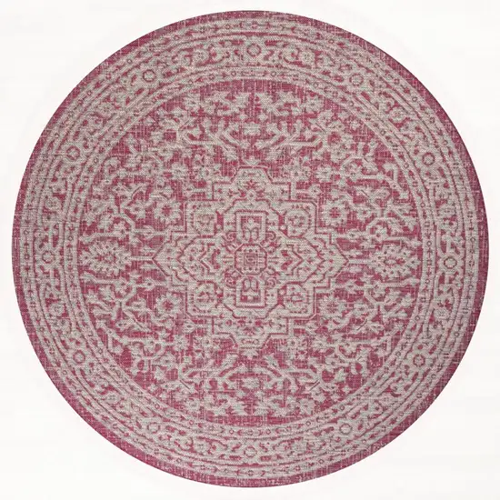 5' Fuchsia And Light Gray Round Medallion Indoor Outdoor Area Rug Photo 3