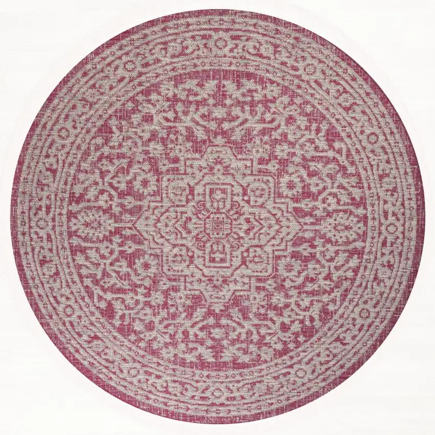 5' Fuchsia And Light Gray Round Medallion Indoor Outdoor Area Rug Photo 3
