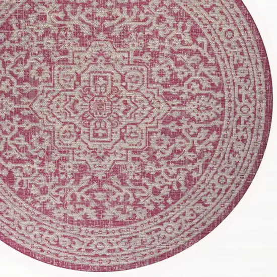 5' Fuchsia And Light Gray Round Medallion Indoor Outdoor Area Rug Photo 2