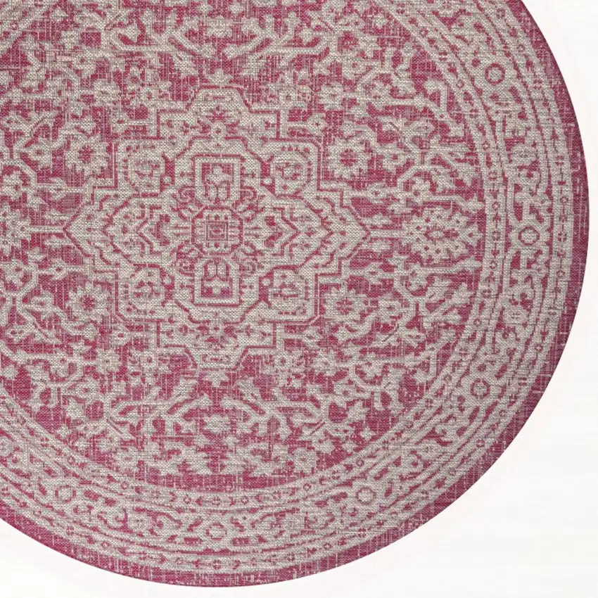 5' Fuchsia And Light Gray Round Medallion Indoor Outdoor Area Rug Photo 2