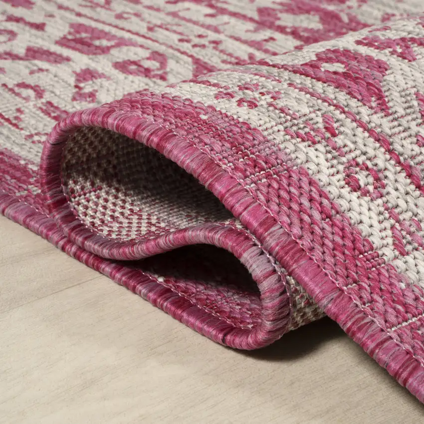 5' Fuchsia And Light Gray Round Medallion Indoor Outdoor Area Rug Photo 9