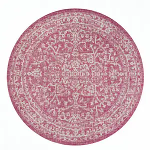 Photo of 5' Fuchsia And Light Gray Round Medallion Indoor Outdoor Area Rug