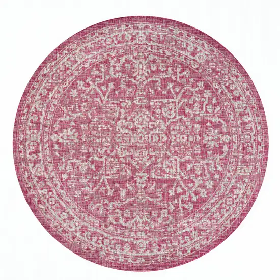 5' Fuchsia And Light Gray Round Medallion Indoor Outdoor Area Rug Photo 1