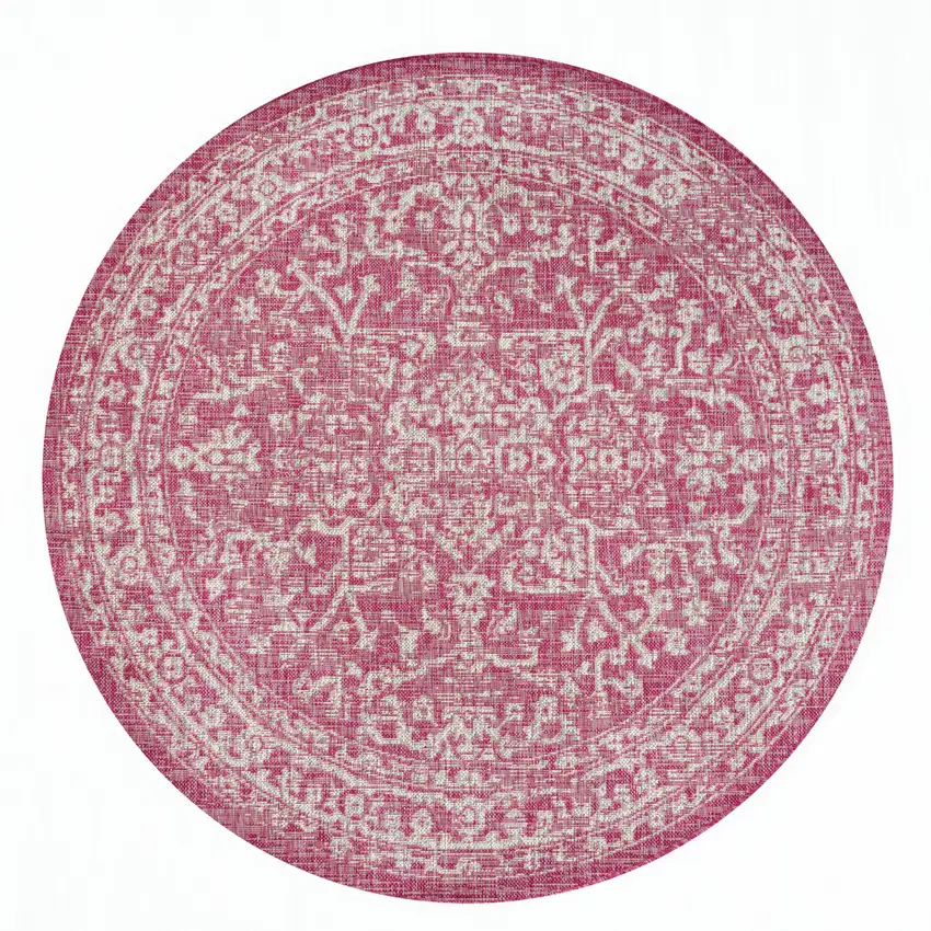 5' Fuchsia And Light Gray Round Medallion Indoor Outdoor Area Rug Photo 1