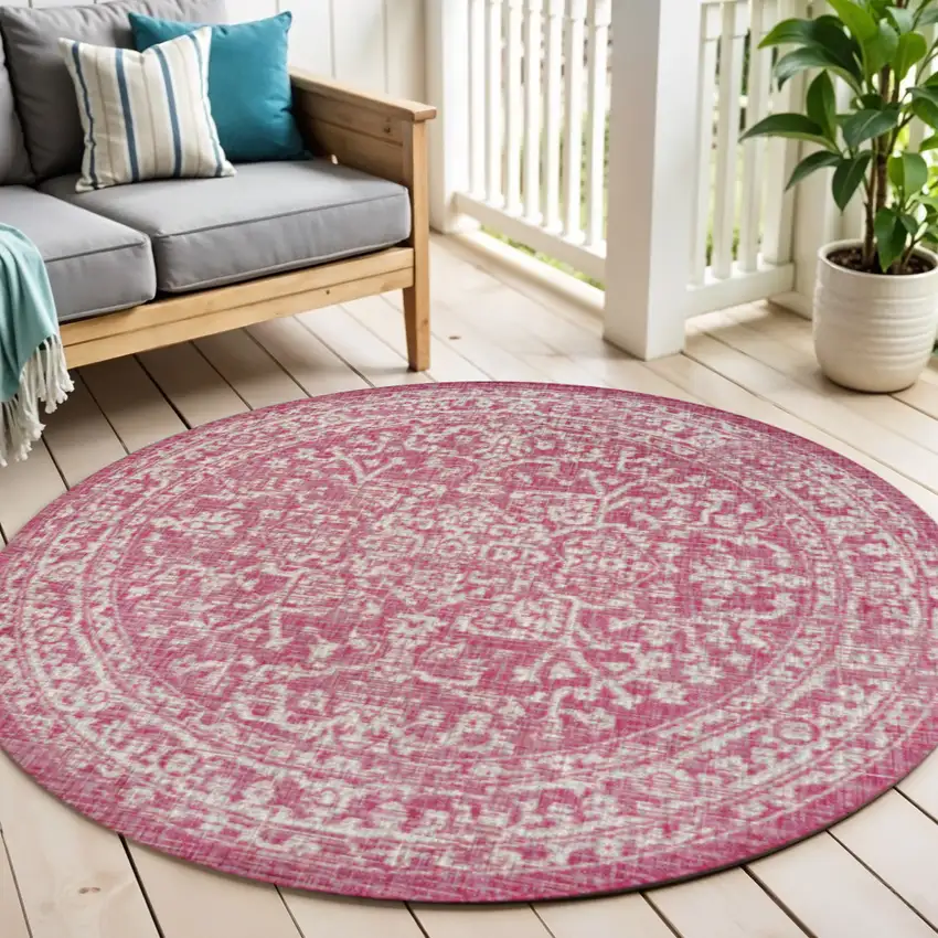 5' Fuchsia And Light Gray Round Medallion Indoor Outdoor Area Rug Photo 1