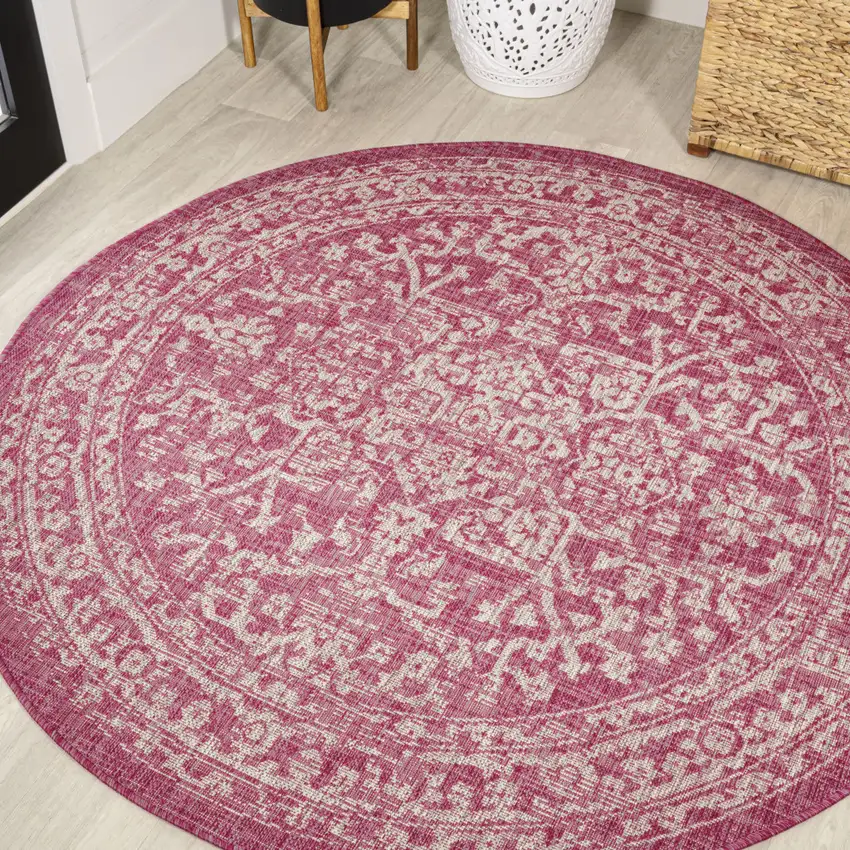 5' Fuchsia And Light Gray Round Medallion Indoor Outdoor Area Rug Photo 4