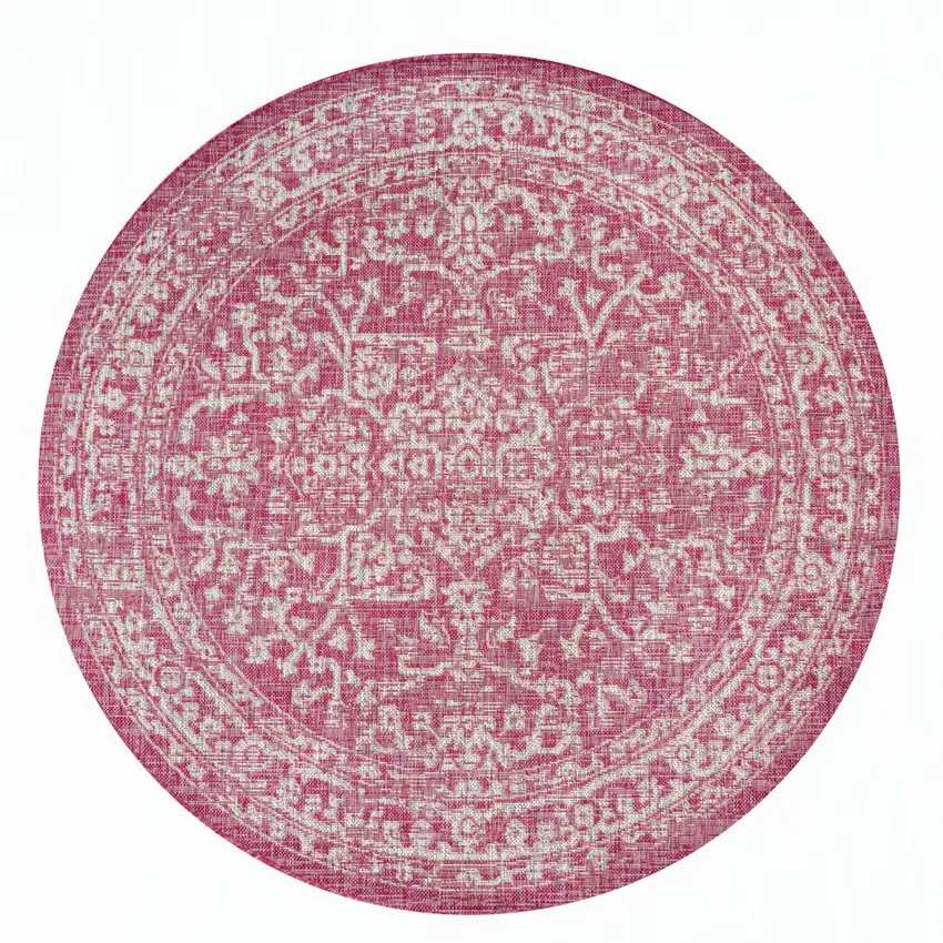 5' Fuchsia And Light Gray Round Medallion Indoor Outdoor Area Rug Photo 3