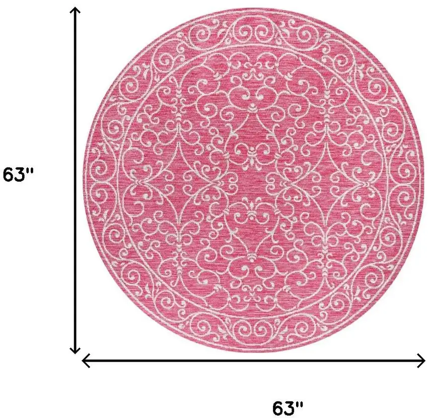 5' Fuchsia And Light Gray Round Medallion Indoor Outdoor Area Rug Photo 9