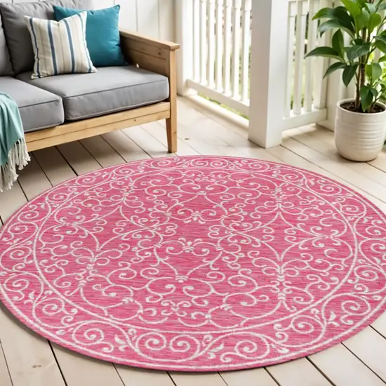 5' Fuchsia And Light Gray Round Medallion Indoor Outdoor Area Rug Photo 1