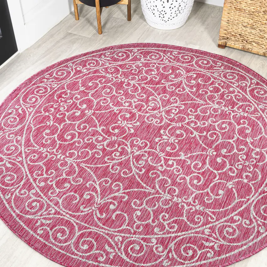 5' Fuchsia And Light Gray Round Medallion Indoor Outdoor Area Rug Photo 4