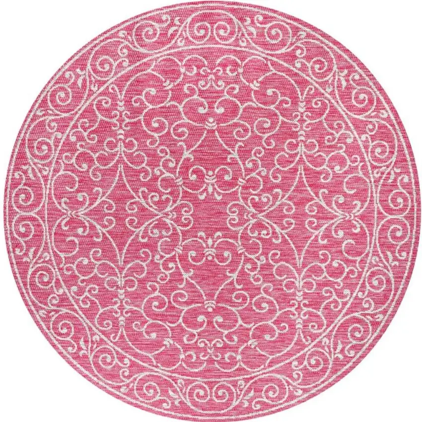 5' Fuchsia And Light Gray Round Medallion Indoor Outdoor Area Rug Photo 3