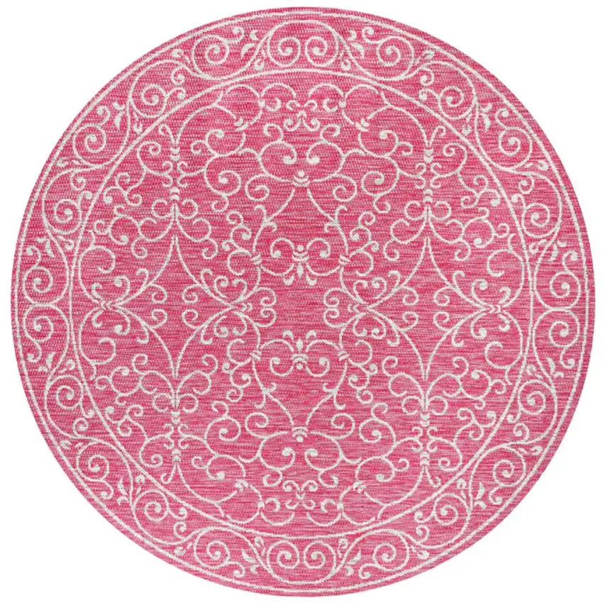5' Fuchsia And Light Gray Round Medallion Indoor Outdoor Area Rug Photo 1