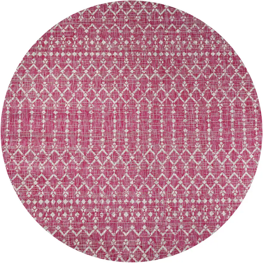 5' Fuchsia And Light Gray Round Trellis Indoor Outdoor Area Rug Photo 1