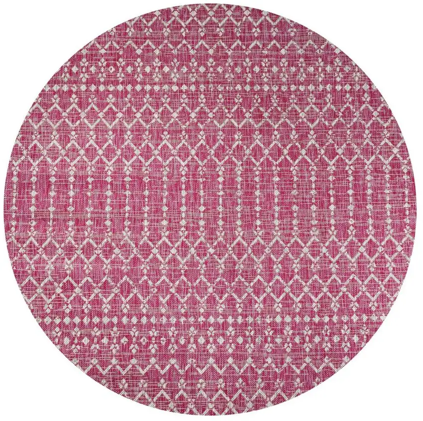 5' Fuchsia And Light Gray Round Trellis Indoor Outdoor Area Rug Photo 3