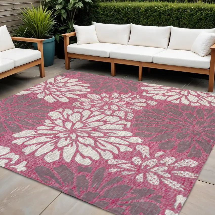 5' Fuchsia And Light Gray Square Floral Indoor Outdoor Area Rug Photo 1