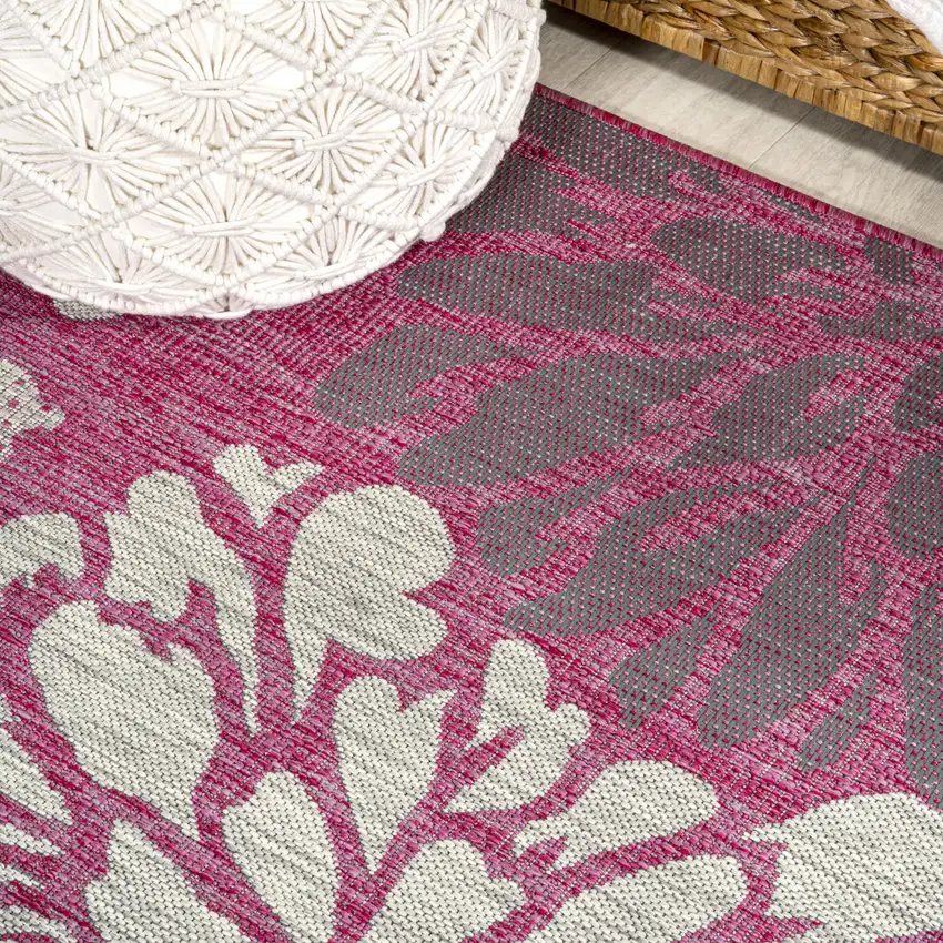 5' Fuchsia And Light Gray Square Floral Indoor Outdoor Area Rug Photo 5