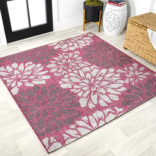5' Fuchsia And Light Gray Square Floral Indoor Outdoor Area Rug Photo 4