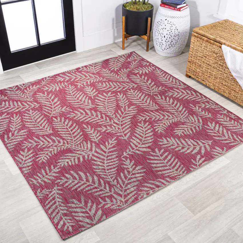 5' Fuchsia And Light Gray Square Floral Indoor Outdoor Area Rug Photo 4
