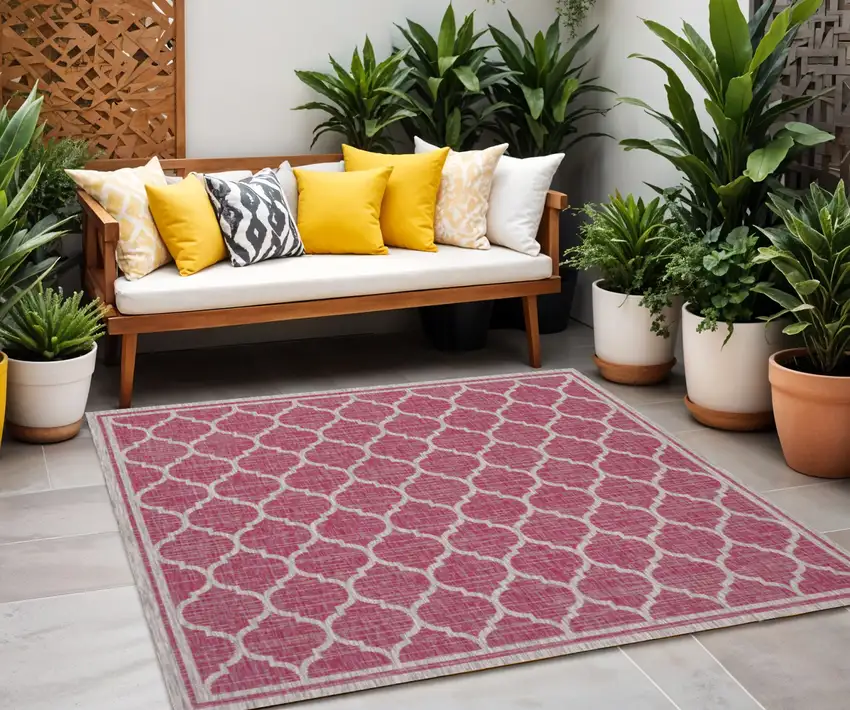 5' Fuchsia And Light Gray Square Geometric Indoor Outdoor Area Rug Photo 1