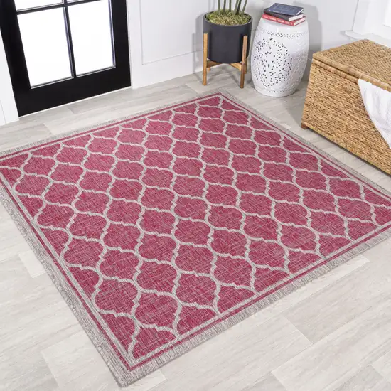 5' Fuchsia And Light Gray Square Geometric Indoor Outdoor Area Rug Photo 4