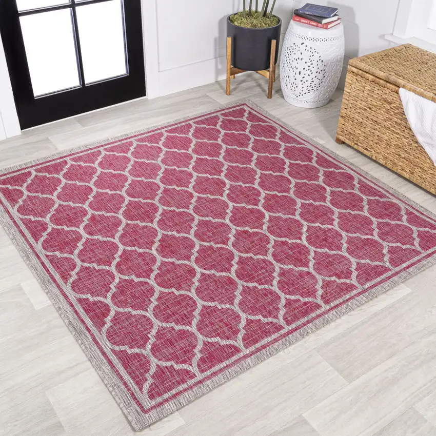 5' Fuchsia And Light Gray Square Geometric Indoor Outdoor Area Rug Photo 4