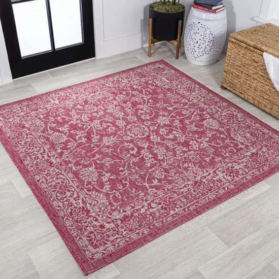 5' Fuchsia And Light Gray Square Medallion Indoor Outdoor Area Rug Photo 4