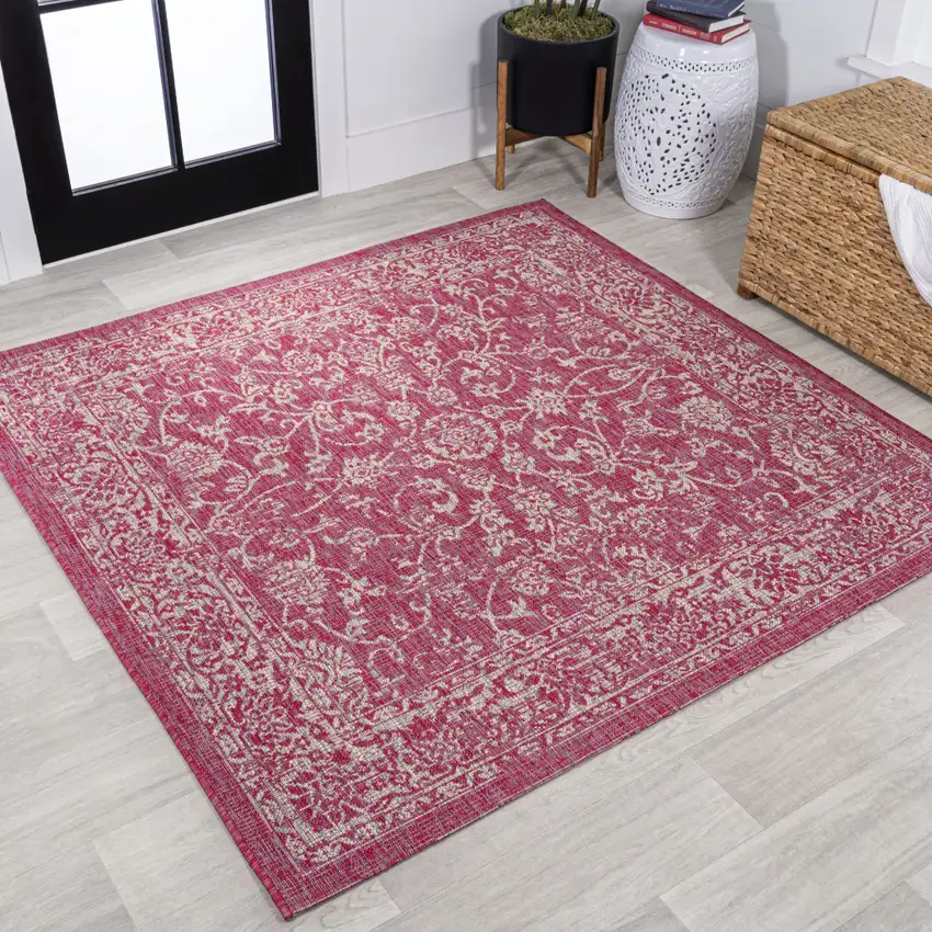 5' Fuchsia And Light Gray Square Medallion Indoor Outdoor Area Rug Photo 4