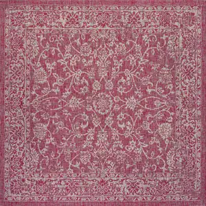 Photo of 5' Fuchsia And Light Gray Square Medallion Indoor Outdoor Area Rug