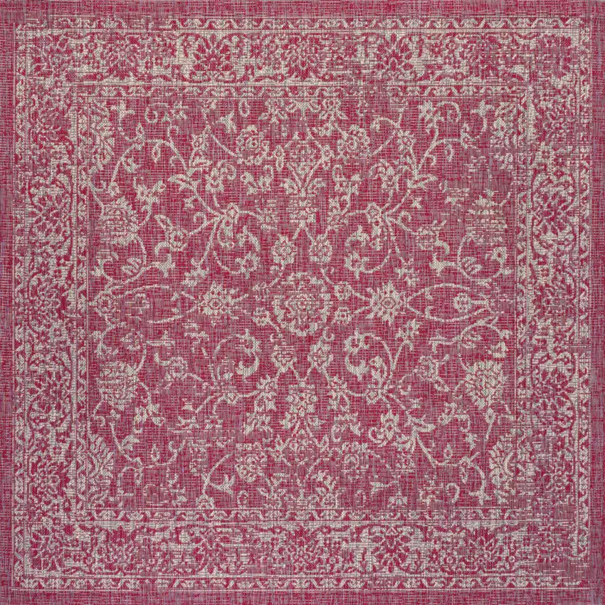 5' Fuchsia And Light Gray Square Medallion Indoor Outdoor Area Rug Photo 1
