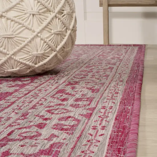 5' Fuchsia And Light Gray Square Medallion Indoor Outdoor Area Rug Photo 8