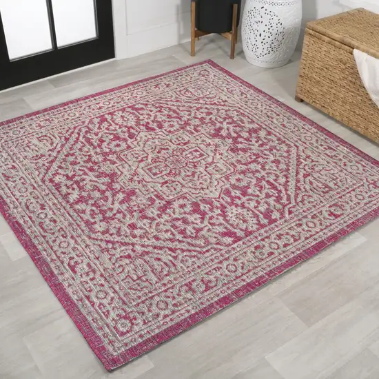 5' Fuchsia And Light Gray Square Medallion Indoor Outdoor Area Rug Photo 4