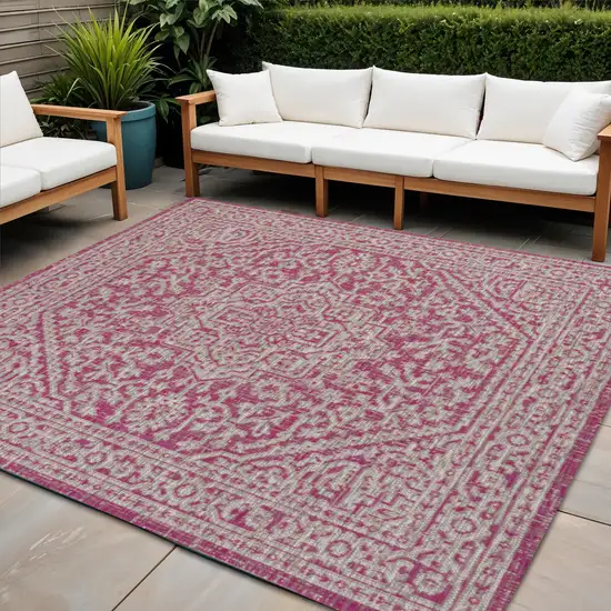 5' Fuchsia And Light Gray Square Medallion Indoor Outdoor Area Rug Photo 1