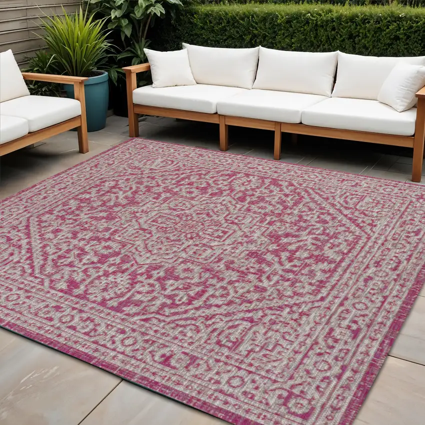 5' Fuchsia And Light Gray Square Medallion Indoor Outdoor Area Rug Photo 1