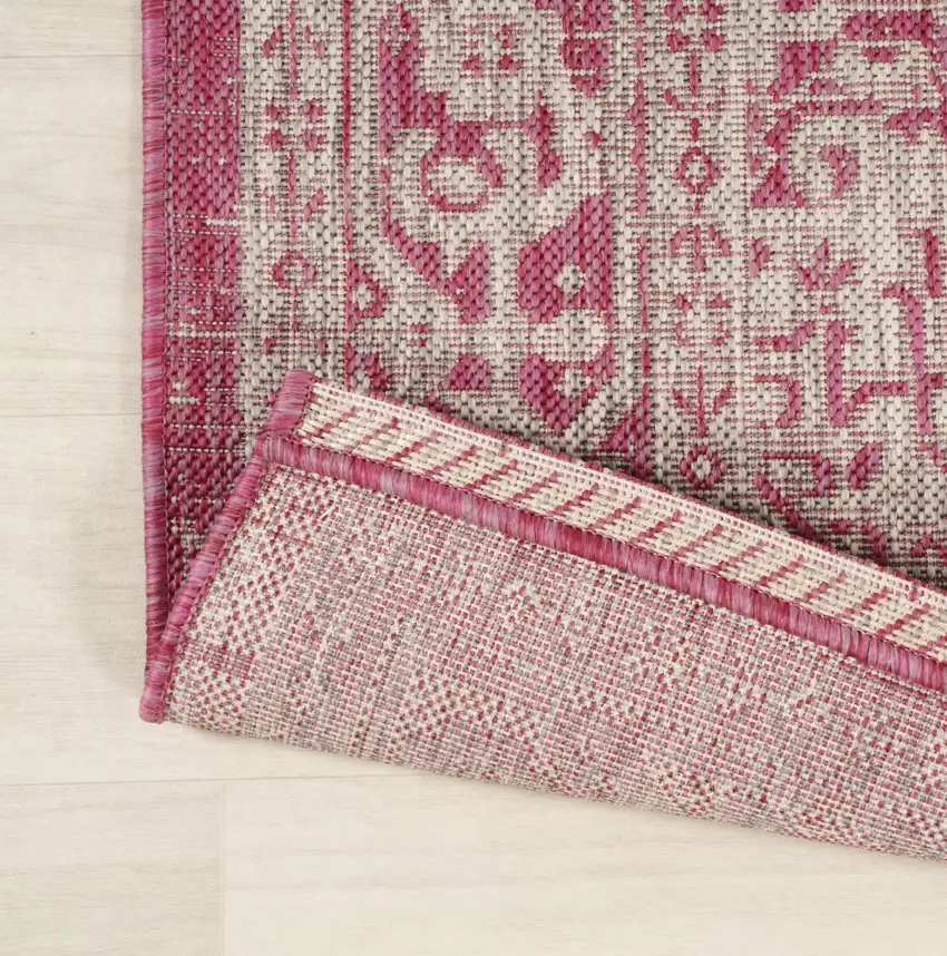 5' Fuchsia And Light Gray Square Medallion Indoor Outdoor Area Rug Photo 5