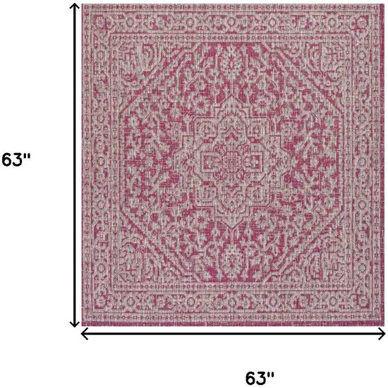 5' Fuchsia And Light Gray Square Medallion Indoor Outdoor Area Rug Photo 9