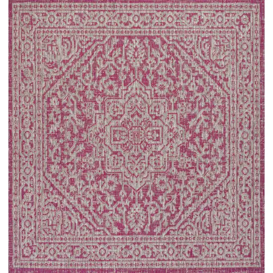 5' Fuchsia And Light Gray Square Medallion Indoor Outdoor Area Rug Photo 1