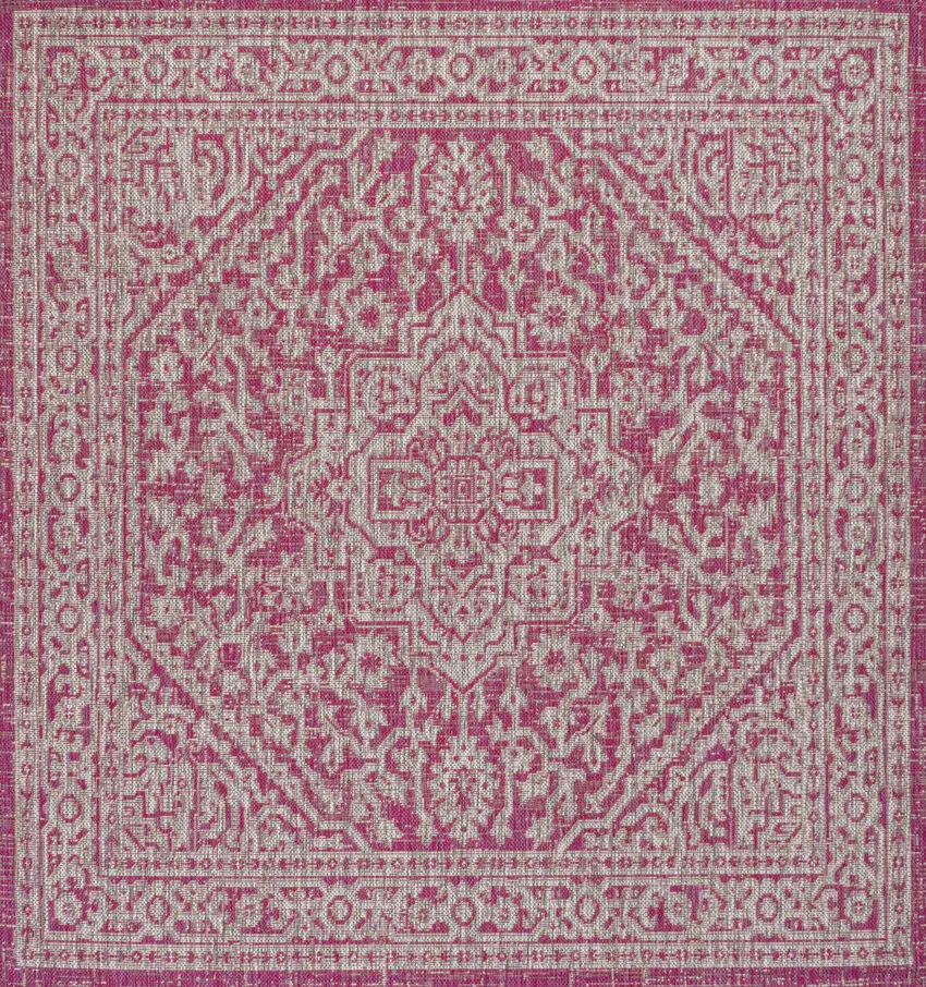 5' Fuchsia And Light Gray Square Medallion Indoor Outdoor Area Rug Photo 1