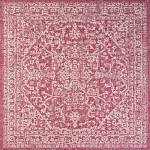 Photo of 5' Fuchsia And Light Gray Square Medallion Indoor Outdoor Area Rug