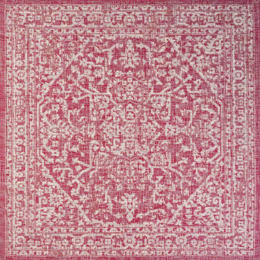 5' Fuchsia And Light Gray Square Medallion Indoor Outdoor Area Rug Photo 1