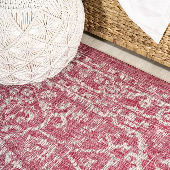 5' Fuchsia And Light Gray Square Medallion Indoor Outdoor Area Rug Photo 5