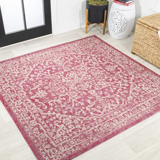 5' Fuchsia And Light Gray Square Medallion Indoor Outdoor Area Rug Photo 4