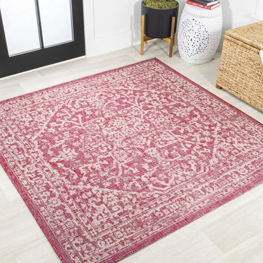 5' Fuchsia And Light Gray Square Medallion Indoor Outdoor Area Rug Photo 4