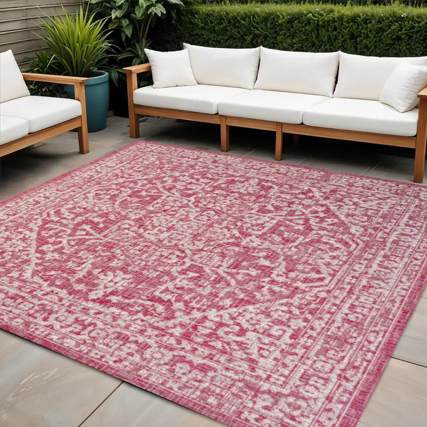5' Fuchsia And Light Gray Square Medallion Indoor Outdoor Area Rug Photo 1