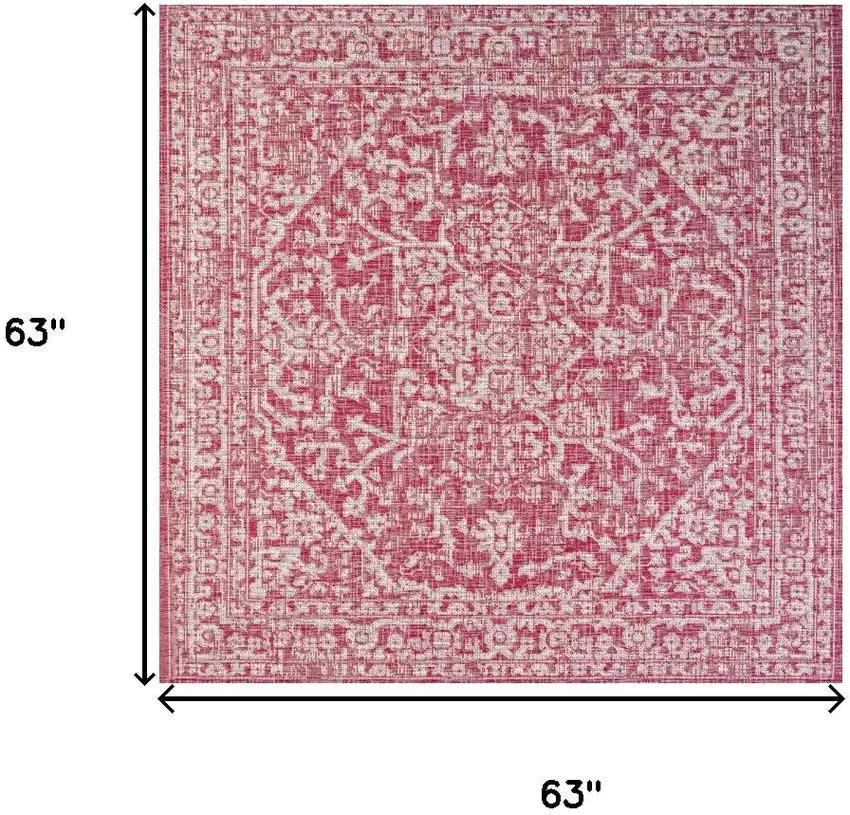 5' Fuchsia And Light Gray Square Medallion Indoor Outdoor Area Rug Photo 9