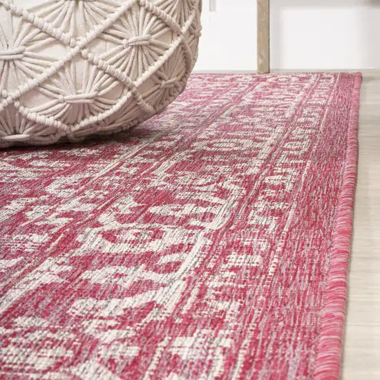 5' Fuchsia And Light Gray Square Medallion Indoor Outdoor Area Rug Photo 8