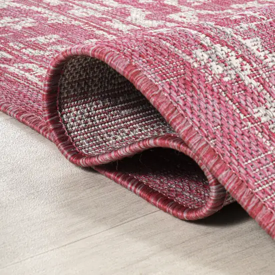 5' Fuchsia And Light Gray Square Medallion Indoor Outdoor Area Rug Photo 9