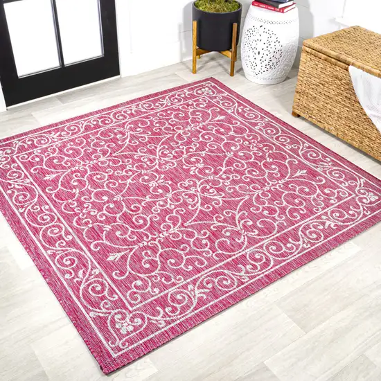 5' Fuchsia And Light Gray Square Medallion Indoor Outdoor Area Rug Photo 4